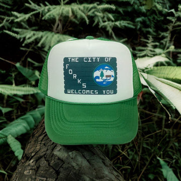 Forks Welcomes You Trucker Hat. Printed and shipped from Forks WA
