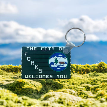 The City of Forks Welcomes You Sign on a Keychain