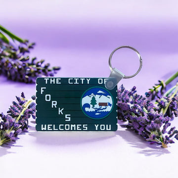 The City of Forks Welcomes You Sign on a Keychain